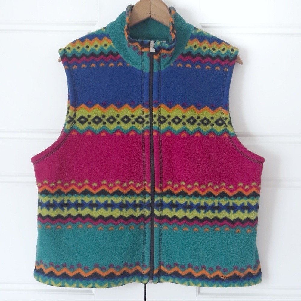 Vintage Artsy Southwestern Fleece Vest Large Colorful Art To Wear Indie Full Zip